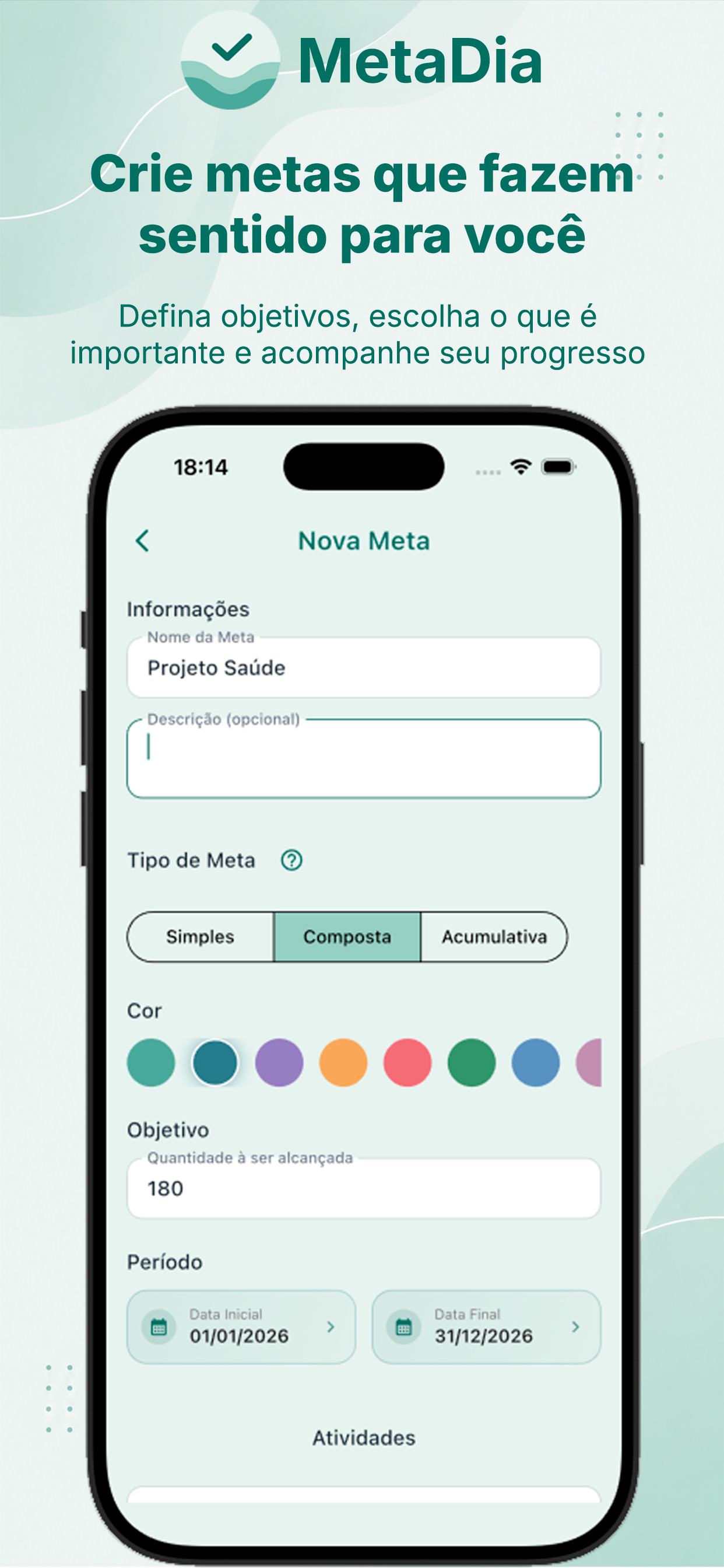 Cadastro de nova meta no MetaDia